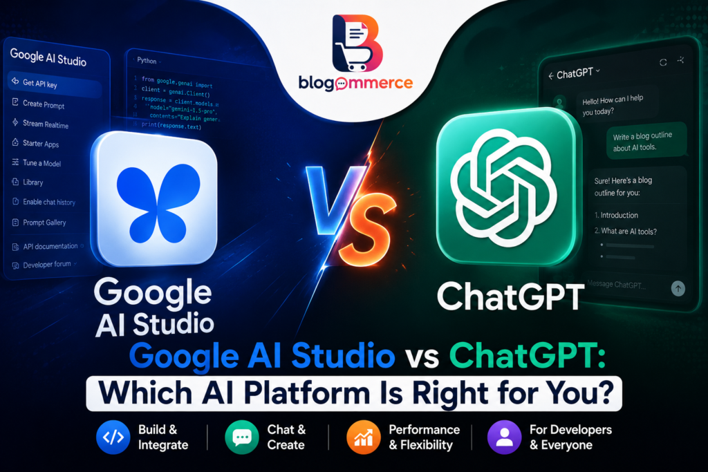 Google AI Studio vs ChatGPT comparison featured image with Blogommerce logo, highlighting AI platforms, API access, voice features, and productivity tools.