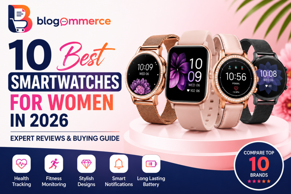 Comparison of the 10 best smartwatches for women in 2026 featuring Apple, Samsung, Boat, Fossil, Fastrack, Guess, Garmin, Fitbit, Amazfit, and Huawei.