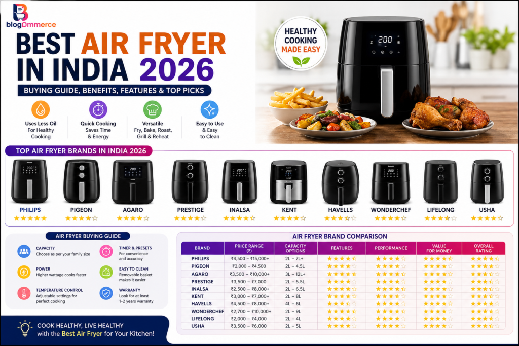 Best Air Fryer in India 2026 – Compare Philips, Pigeon, Agaro, Prestige, Inalsa, Kent and other top air fryer brands.