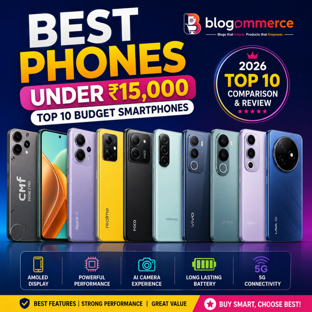 Best Phones Under ₹15,000 in India featuring the top 10 budget smartphones with AMOLED display, 5G, AI camera, fast charging, and powerful performance