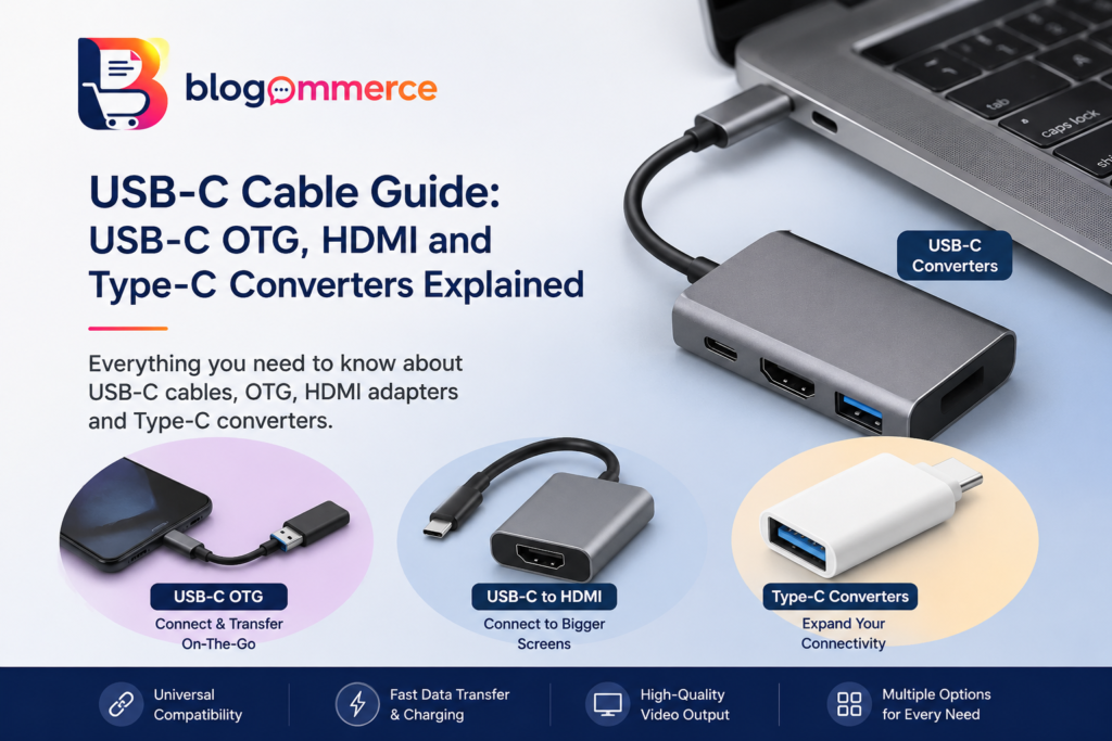 USB-C cable guide showing USB-C OTG, HDMI adapter, Type-C converters, and a laptop hub for versatile connectivity.