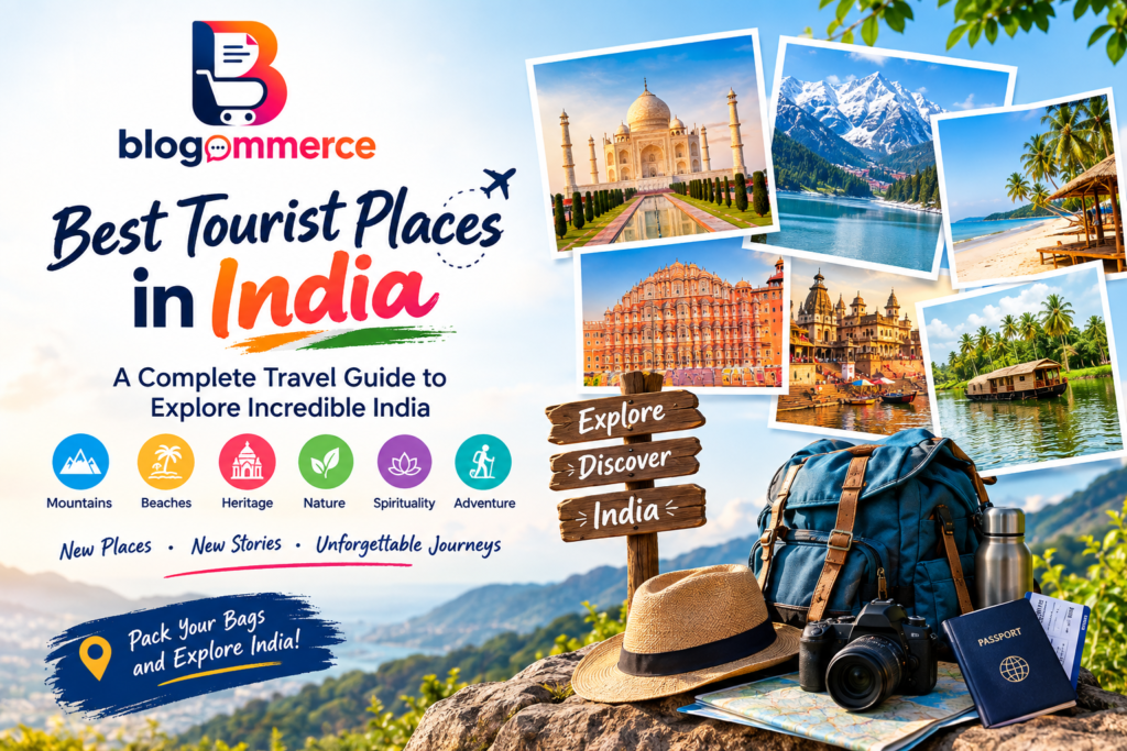 Best tourist places in India travel guide featuring Taj Mahal, mountains, beaches, palaces and Kerala backwaters