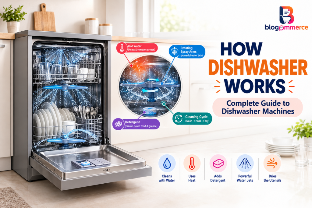 How dishwasher works with water jets, detergent, heating and drying process